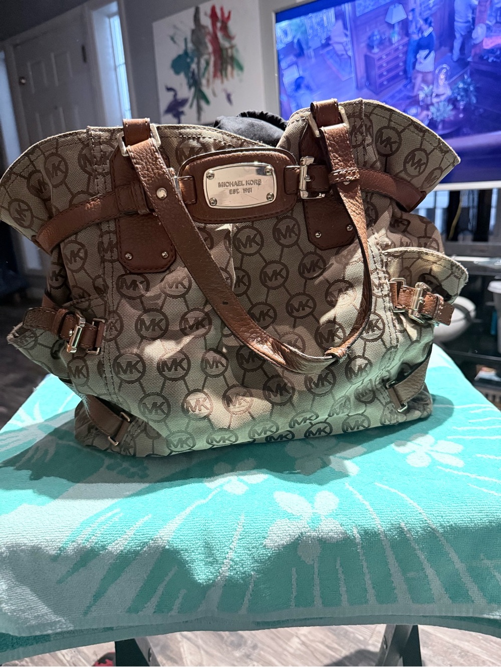 Michael Kors Beige Brown MK Logo Shoulder Bag with Leather Trim
